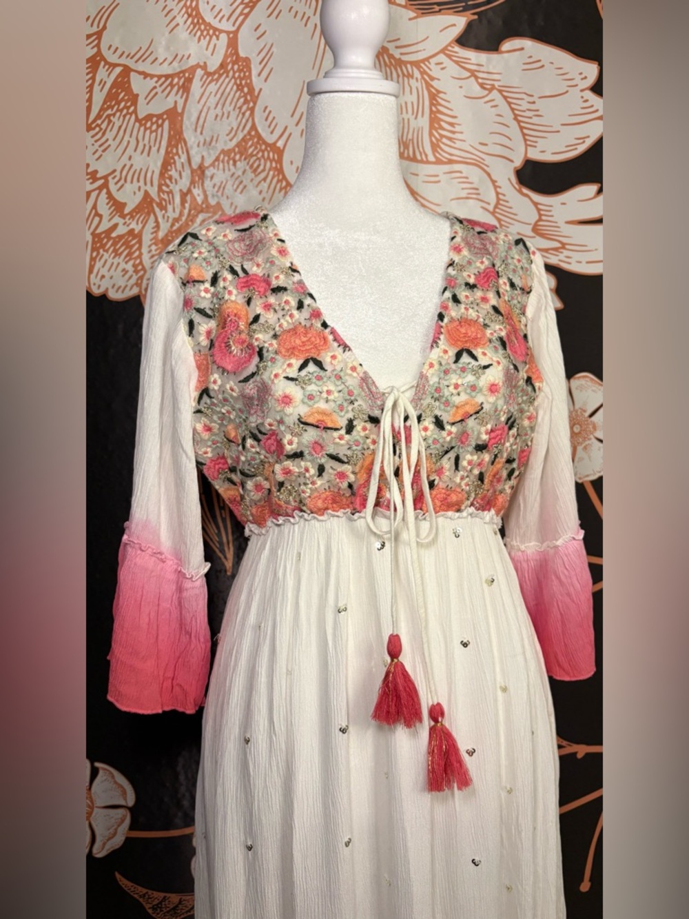 NWT Enchanting Ivory and Pink Floral Embroidered Maxi Dress with Soft Ombre Hem - Picture 5 of 9